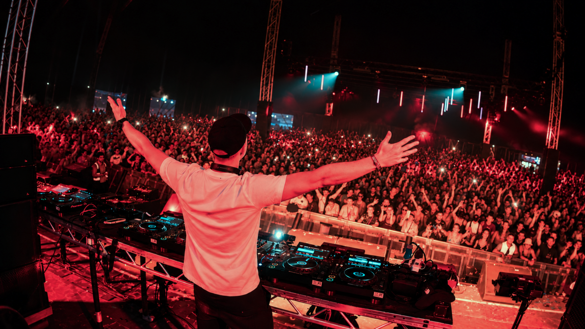 Klubfiller behind the decks with arms raised towards a packed crowd under red and cyan lights